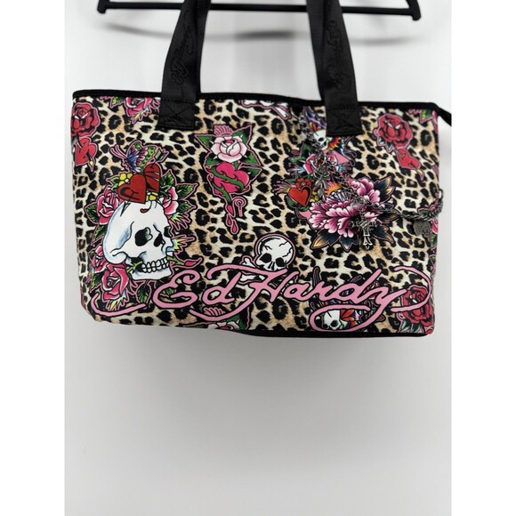 Ed Hardy Tote Bag Cheetah Print Skull Floral Cross Chain Accent Y2K - Picture 1 of 3